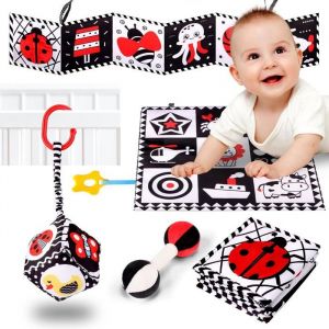 4Pcs Jouet Bebe 0-12 Mois - AUCUNE - Livre Montessori Sensoriel en Tissu Noir et Blanc - Jouets déveil Jeux Bebe Hochet