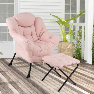 GIANTEX Fauteuil Relax avec Repose-Pied Pliable+ Oreiller+ Poche Latérale-Fauteuil Rembourré Moderne- pour Salon/Bureau- Rosé