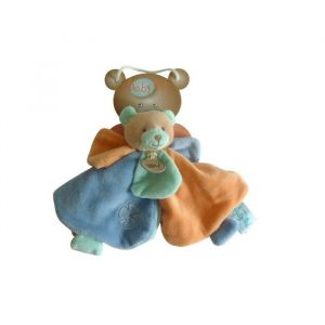 Doudou ours plat bleu vert &ndash; Baby&rsquo;Nat Douceur Flower
