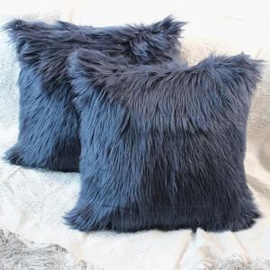 2 housses de coussin à poils longs housse de coussin de canapé housse de coussin en peluche (Bleu Marine 45 x 45 cm)