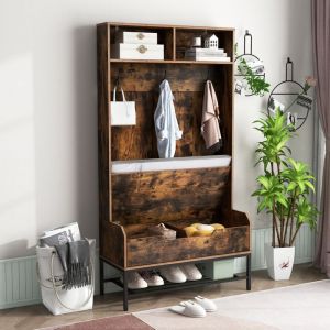 GOPLUS 170CM Porte-Manteau 4 en 1 avec CoussinCompartimentsBanc à ChaussureCrochetsPortant à Vêtements-Marron