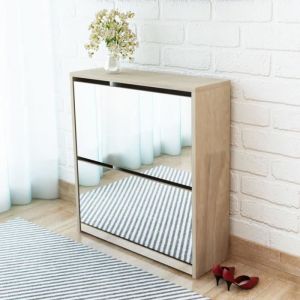 Meuble à chaussures - [MARQUE] - 2 étages avec miroir - 2 portes - 2 tiroirs - Chêne massif