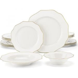MALACASA Vaisselle S&eacute;rie Lotus-GT 16 Pi&egrave;ces Service Complet de Table en Porcelaine avec bord dor&eacute; pour 4 Personnes - Blanc