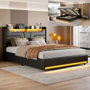 Lit double 140x200 cm NMONET LED USB tissu en PU cadre de lit 140x200 cm lit coffre 140x200 cm noir