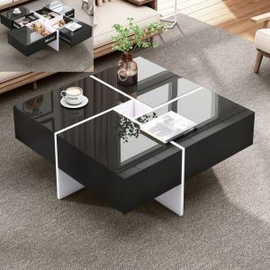 Table basse brillant carrée 70x70x35cm Meuble de rangement salon moderne avec 4 tiroirs et 1 compartiment - Noir