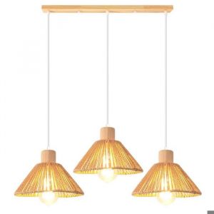 iDEGU 3lampes Suspension Luminaire Industriel22cm R&eacute;tro Lampe Plafonnier en Rotin et Bois E27 Luminaire Vintage pour Salon Chambre