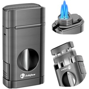 Allume-Cigare Multifonction avec Porte-Cigare int&eacute;gr&eacute; et Coupe-Cigare &agrave; Une Touche V-Cut Briquet Butane &agrave; Triple Jet de Flamme