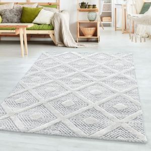 Tapis de Salon de Fil bouclé design à poils ras Motif de Diamants Carré Grille Gris 80 x 250 cm