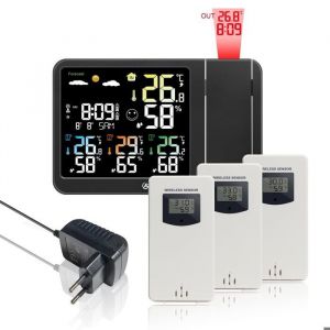 Réveil Digital Radio-piloté avec Projection Station Météo sans Fil Thermomètre Int/Ext Hygromètre et Prévisions Météo