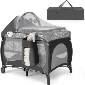 DREAMADE 5 en 1 Lit Bébé avec Table à Langer Lit Parapluie avec Matelas & Moustiquaire 3 Jouets Mignons & Boîte à Musique Gris