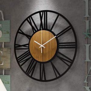 Grande Horloge Murale Ronde en Bois Noir pour décoration de Salon Chiffres Romains rétro silencieuse ne chatouille Pas 34.2cm