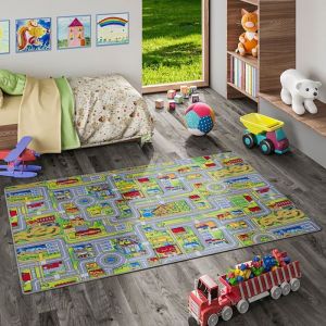 Tapis de jeu pour enfant aventure motifs village couloir - SNAPSTYLE - 80x160 cm - Gris - Synthétique - Enfant