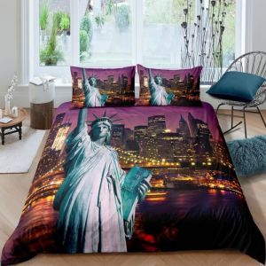Parure de lit New York La Statue de la Libert&eacute; 220*240 cm 3 pieces 1 housse de couette avec 2 taies doreiller 63*63cm