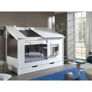Pack - Lit Cabane Enfant Rideaux & Tiroir Housebed II 90x200cm Blanc