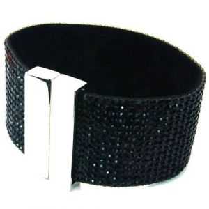 Bracelet manchette souple femme strass noir fermoir acier inoxydable