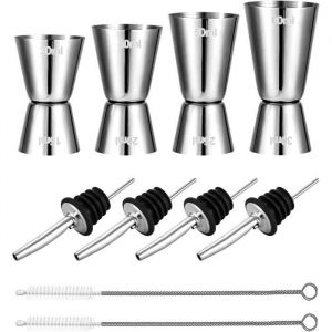 4 Pcs Doseur Cocktail 3cl 4cl 5cl 6cl Double Tasse à Mesurer Doseur Alcool en Acier Inoxydable avec 4 becs verseurs et 2 brosses