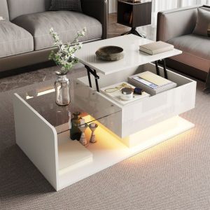 Table basse Maisentiel blanc laqu&eacute; relevable avec plateau verre tremp&eacute; et &eacute;clairage LED int&eacute;gr&eacute;