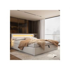MODFU Lit coffre capitonn&eacute; 140x190 cm avec sommier &agrave; lattes et t&ecirc;te de lit &eacute;clair&eacute;e en diff&eacute;rentes couleurs. simili cuir. blanc