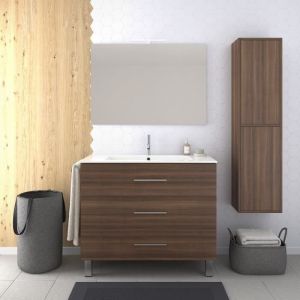 Meuble de salle de bain avec lavabo et miroir lumi&egrave;re LED - Marron - Colonne 60CM
