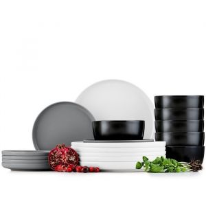 KONSIMO Service de table complet VICTO avec bols set de vaisselle (18 pi&egrave;ces) pour 6 personnes fa&iuml;ence mat gris noir blanc
