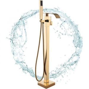 Mitigeur Baignoire ilot dor&eacute; Robinet de Baignoire avec Douchette pour Salle de Bain Robinet Mitigeur &Icirc;lot Sur Pied avec Poign&eacute;e