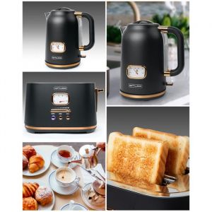 MUSE Pack petit-d&eacute;jeuner r&eacute;tro Noir Dor&eacute; &mdash; Bouilloire sans fil 1.7L 2200W + Grille‑pain 2 fentes inox