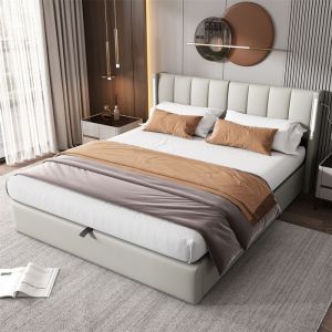 Lit Coffre 140 x 190 avec Sommier et LED Lit Double avec Port USB Rechargeable Lit avec Rangement Tête de Lit Réglable Gris PU