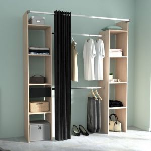 Dressing ouvert avec rideau noir et étagères - Bois naturel - Fabriqué en France - Terre de Nuit