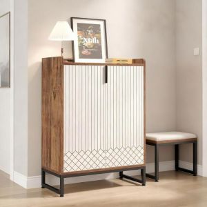 Meuble &agrave; Chaussures 25 Paires 2 Portes avec Cadre en m&eacute;tal dor&eacute; pour Entree Couloir Blanc et Marron