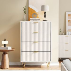 Commode -LUMINARIX- Buffet 4 tiroirs Dispositif anti-basculement Armoire de rangement Pieds/Poignées Métal 60×34×91 cm Blanc