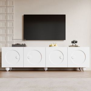 Meuble TV blanc moderne 1805 x 38 x 50 cm meuble TV bas avec 4 portes et rangement Pieds sph&eacute;riques Design &eacute;l&eacute;gant