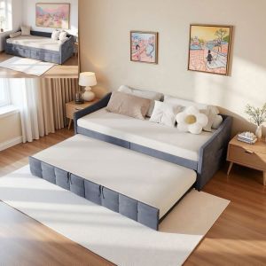 Lit Gigogne 2 Places 90x200cm Lit double T&ecirc;te Lit Accoudoirs Cadre M&eacute;tal Robuste Sommier &agrave; lattes Velours Gris