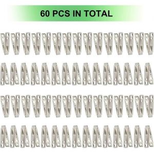 60PCS Pinces &agrave; Linge en Acier Inoxydable Coupe-Vent et AntirouillePinces &agrave; Linge INOX &Eacute;pingles &agrave; Linge