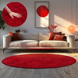 Homebyhome Tapis de Salon Shaggy Uni Tapis Rouge 80 cm Rond Chambre Tapis Poil Long Moelleux et Doux