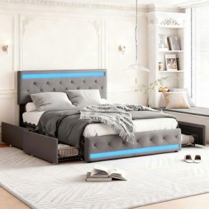 Lit adulte 140x190 avec sommier à lattes lit 140x190 avec LED et 4 tiroir port USB et Type C tissu en lin gris anthracite