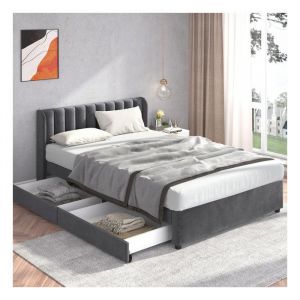 Lit 2 Personnes en Velours 160x200 cm avec deux Tiroirs et T&ecirc;Te de Lit Lit Double avec Sommier &agrave; Lattes Cadre de Lit Gris