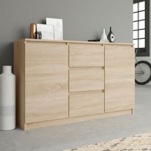 Buffet bas 120 cm - 3 Tiroirs et 2 Portes - Meuble de rangement buffet salon salle à manger - Dimensions 120x40x75 cm - Sonoma