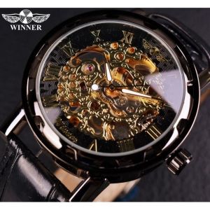 WINNER Or Noir Homme Horloge Squelette Mens Montre En Cuir Montre Mécanique Montre-Bracelet Avec Boîte-Cadeau