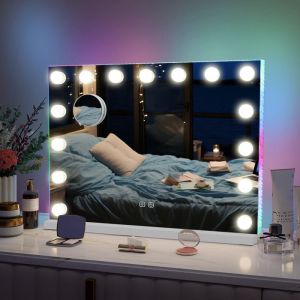 Miroir de Maquillage Hollywood 15 LED RVB Diamant Miroir 3 Modes Réglable Écran Tactile 10x Loupe Blanc