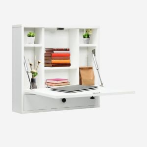 COSTWAY Bureau Mural Rabattable pour Ordinateur Portable avec &Eacute;tag&egrave;res Int&eacute;gr&eacute;e Tiroir Plateau Pliable 60 x 15 x 57 cm Blanc