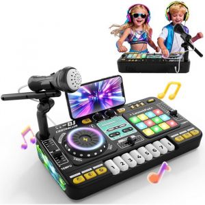 Table de mixage DJ LANGTU pour enfants DJ Mixer Controller de 3-10 ans Avec Micro 100+ Effets Sonores Jouet musical Lumi&egrave;res noi
