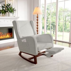 Fauteuil à Bascule Scandinave Rocking Chair Pieds en Bois Massif Chaise Loisirs Tissu Gris150 kgPour SalonChambreBalcon