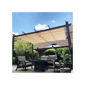 PURPLE LEAF Pergola Aluminium 2.8 x 4 m Tissu Teint en Fil Pergola pour Terrasse Ext&eacute;rieur Toit Coulissante cadre Gris， Beige