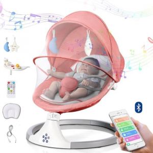 Balancelle B&eacute;b&eacute; &Eacute;lectrique 3 en 1 avec T&eacute;l&eacute;commandeTable &agrave; manger Transat b&eacute;b&eacute; 5 Modes de balancementMinuterie Bluetooth - Rose