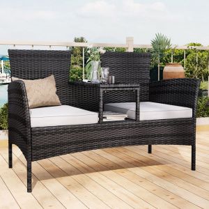 Salon de jardin en r&eacute;sine imitation rotin tress&eacute; Canap&eacute; de Jardin avec Coussins 2 Places Meuble de Patio Terrasse Ext&eacute;rieur Noir