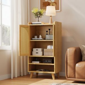 Buffet Haut en Rotin 60x40x120 cm Meuble de Rangement Bois avec 2 Portes Ajour&eacute;es 2 &Eacute;tag&egrave;res Ouvertes - pour Salon Cuisine Entr&eacute;e