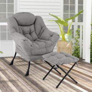 GIANTEX Fauteuil Relax avec Repose-Pied Pliable+ Oreiller+ Poche Latérale-Fauteuil Rembourré Moderne- pour Salon/Bureau- Gris