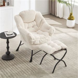 Fauteuil Scandinave avec Repose-pieds Fauteuil Relax pour Salon Chambre Chaise Salon avec Accoudoirs Pochette Latérale Beige