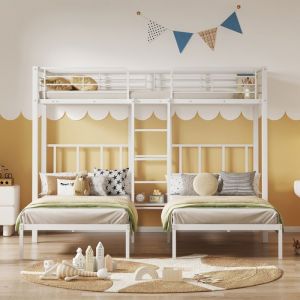 Lit Superpos&eacute; Enfant 3x90x200cm- avec escalier Lit en fer avec barri&egrave;res de s&eacute;curit&eacute; et table- lit 3 places-blanc-M&eacute;tal-A lattes