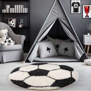 Carpetsale24 Tapis enfant rond noir blanc forme football tapis &agrave; poils longs pour chambre denfant taille 120 cm rond